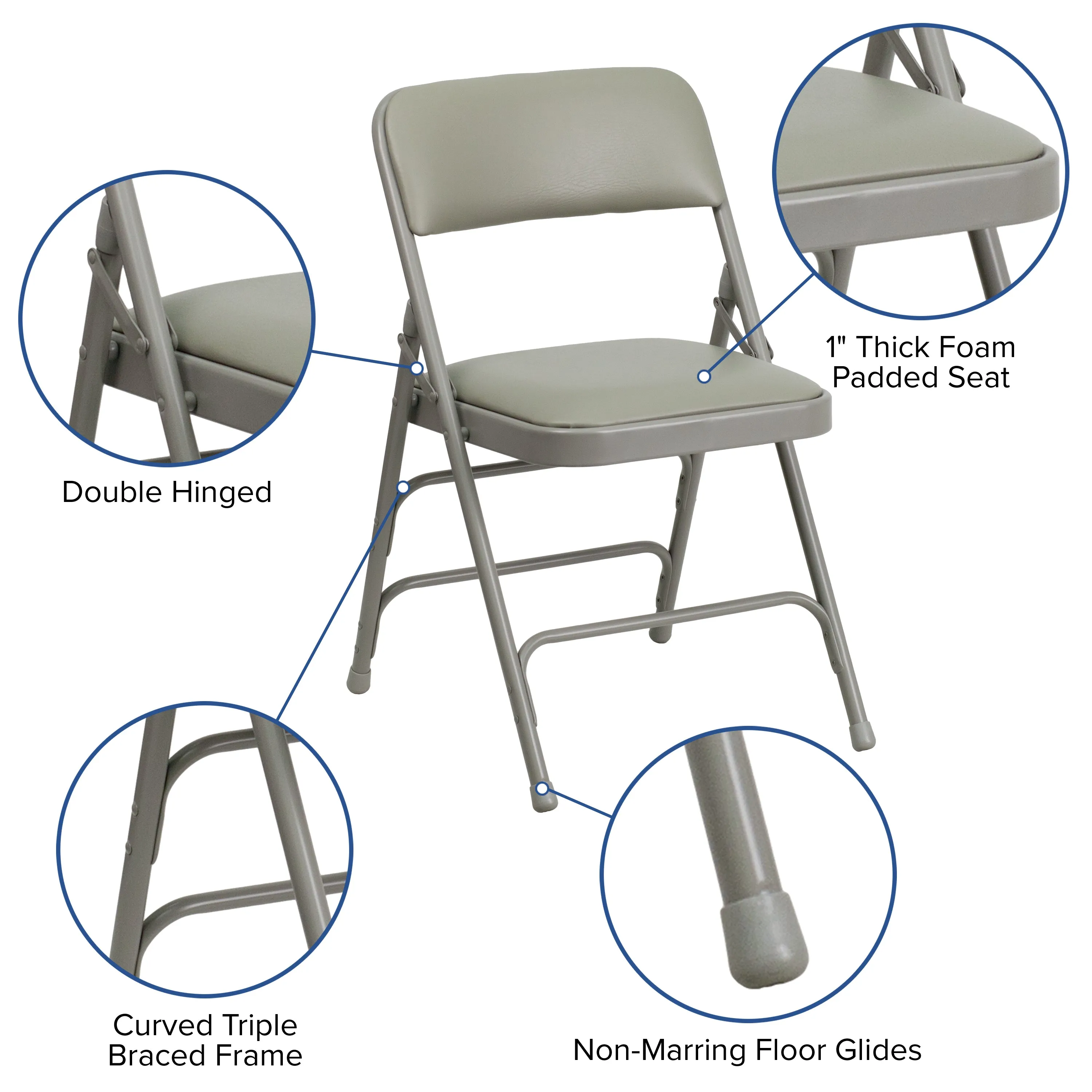 2 Pack HERCULES Series Curved Triple Braced & Double Hinged Gray Vinyl Metal Folding Chair