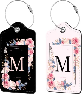 2 Pcs PU Leather Luggage Tag for Suitcases with Privacy Shield and Name ID Tag Address Card Travel Cruise Luggage Tag, Suitable for Men and Women Baggage Handbag Backpack,Flower and Monogram(Letter M
