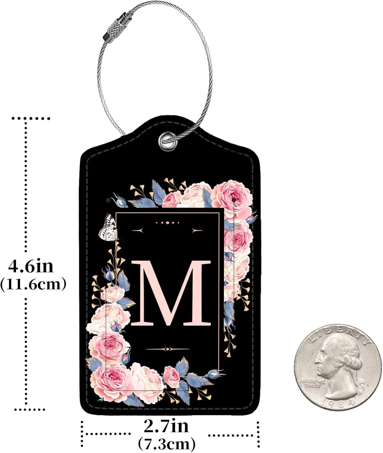 2 Pcs PU Leather Luggage Tag for Suitcases with Privacy Shield and Name ID Tag Address Card Travel Cruise Luggage Tag, Suitable for Men and Women Baggage Handbag Backpack,Flower and Monogram(Letter M