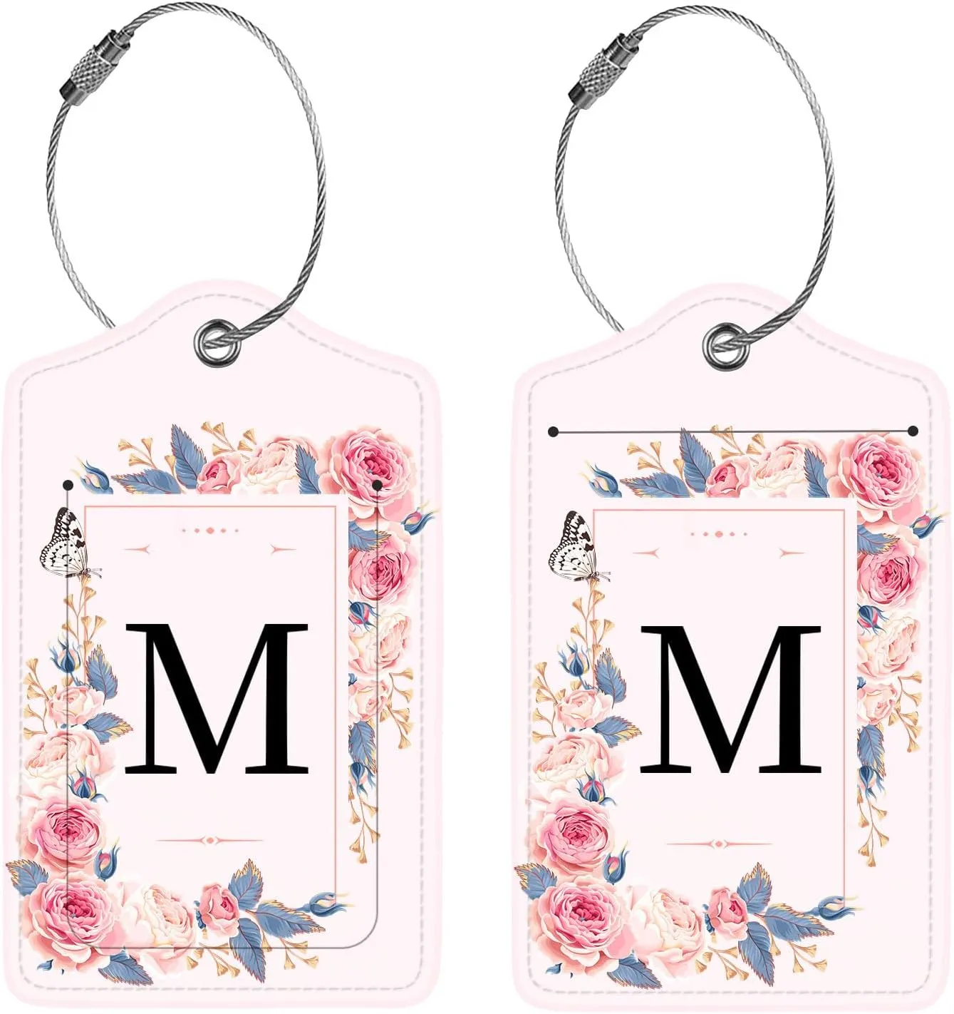 2 Pcs PU Leather Luggage Tag for Suitcases with Privacy Shield and Name ID Tag Address Card Travel Cruise Luggage Tag, Suitable for Men and Women Baggage Handbag Backpack,Flower and Monogram(Letter M