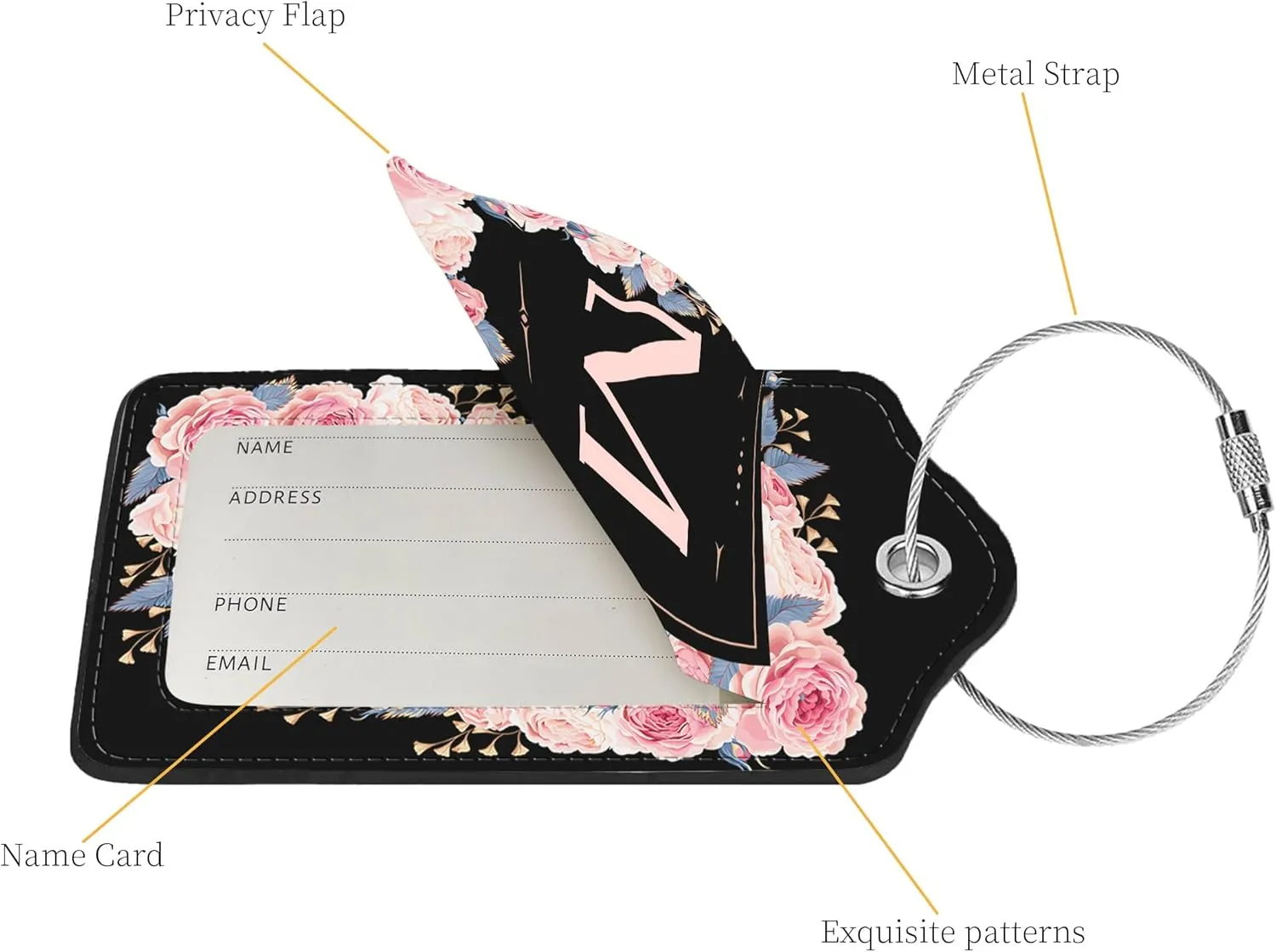 2 Pcs PU Leather Luggage Tag for Suitcases with Privacy Shield and Name ID Tag Address Card Travel Cruise Luggage Tag, Suitable for Men and Women Baggage Handbag Backpack,Flower and Monogram(Letter M