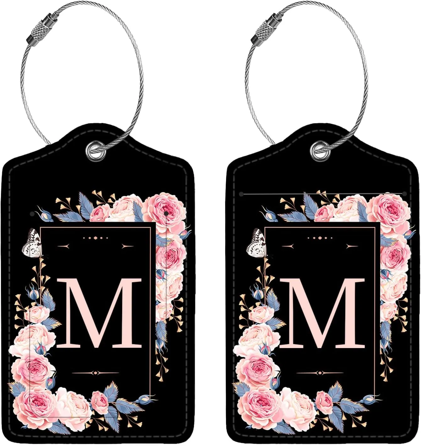 2 Pcs PU Leather Luggage Tag for Suitcases with Privacy Shield and Name ID Tag Address Card Travel Cruise Luggage Tag, Suitable for Men and Women Baggage Handbag Backpack,Flower and Monogram(Letter M