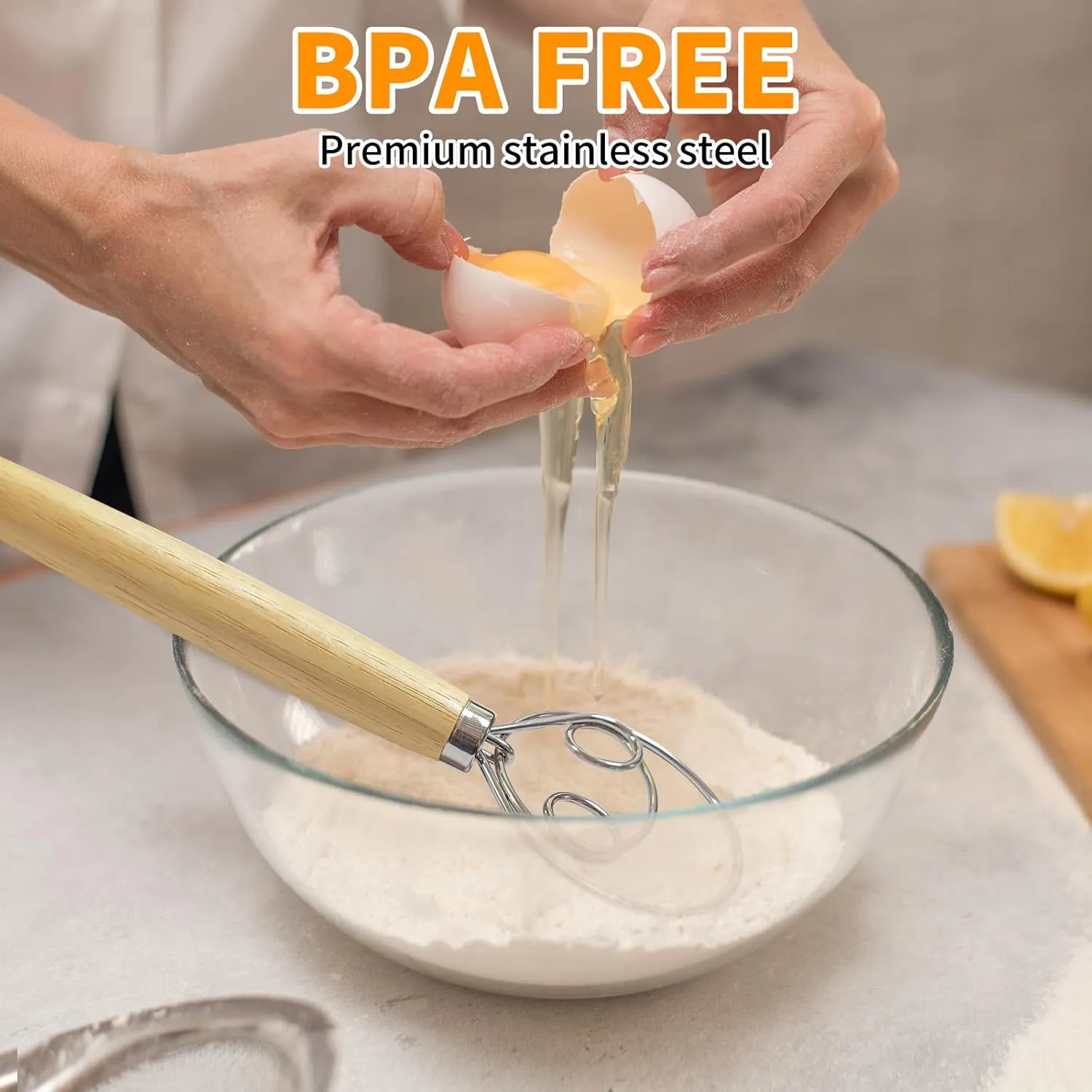 ALLTOP Danish Dough Whisk - Ultimate Dutch Mixer Hand Utensil with Stainless Steel Dough Hook - Essential Sourdough Stirring Stick for Perfect Bread Making Tool