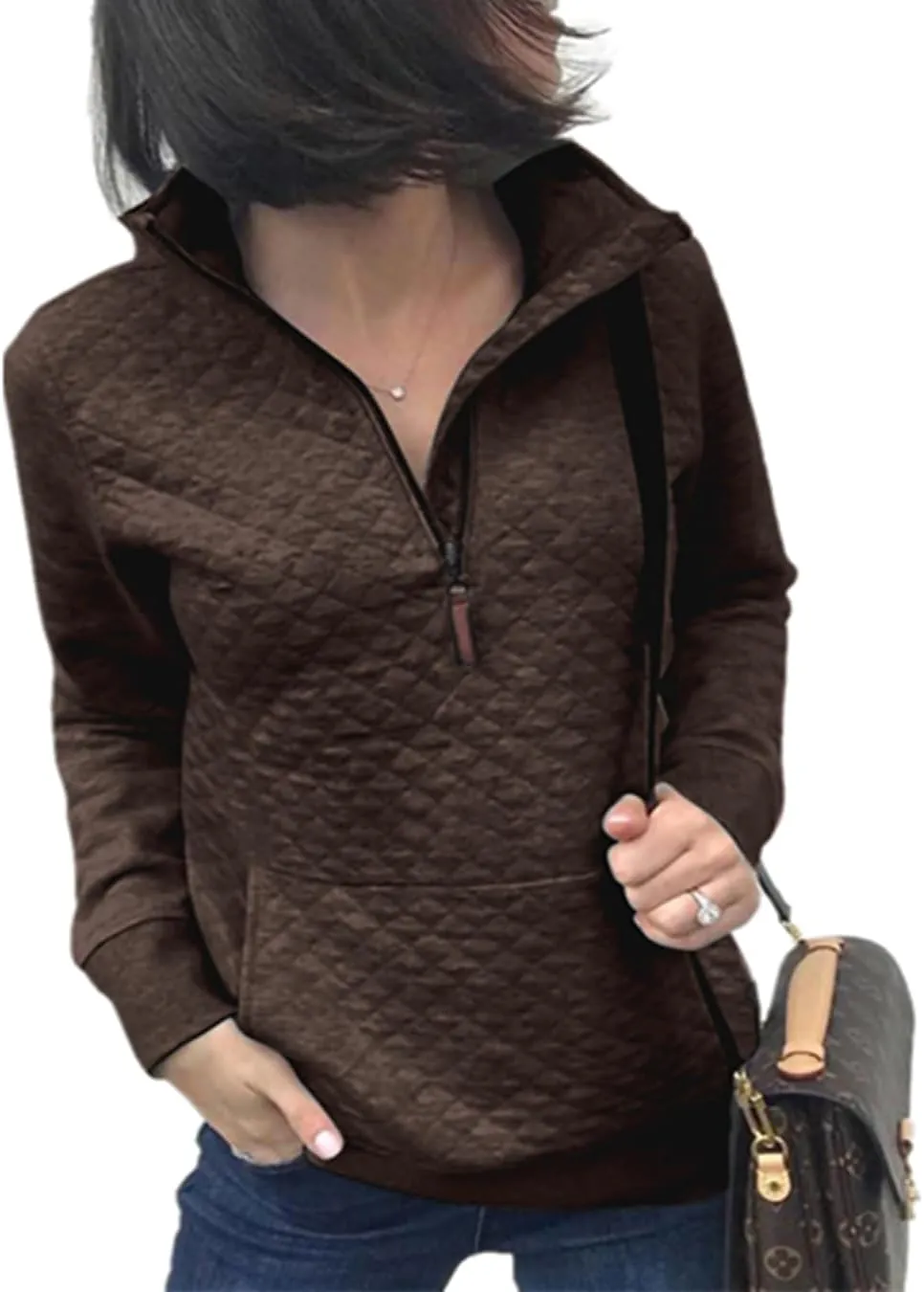 Barlver Womens Fashion Quarter Zip Stand Collar Sweatshirts Long Sleeve Plain Casual Ladies Pullovers Shirts Tops