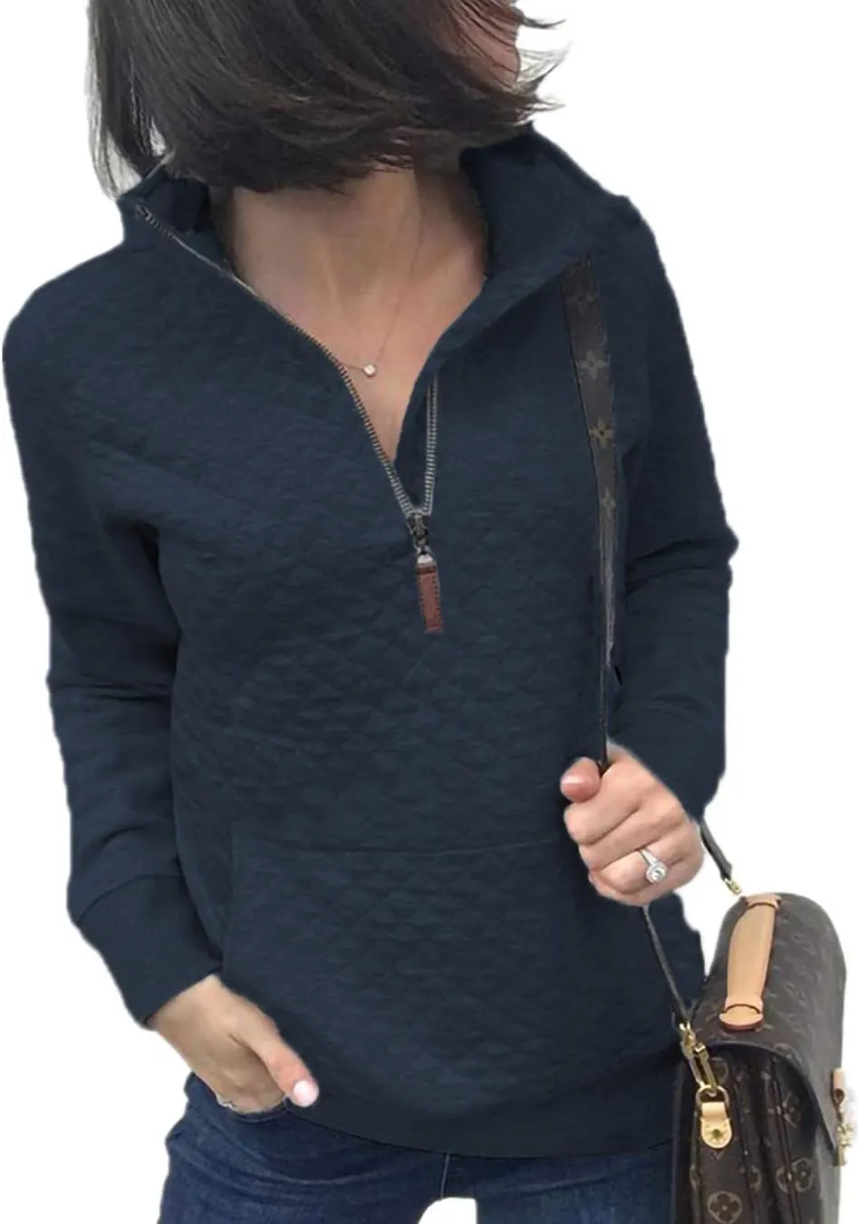 Barlver Womens Fashion Quarter Zip Stand Collar Sweatshirts Long Sleeve Plain Casual Ladies Pullovers Shirts Tops