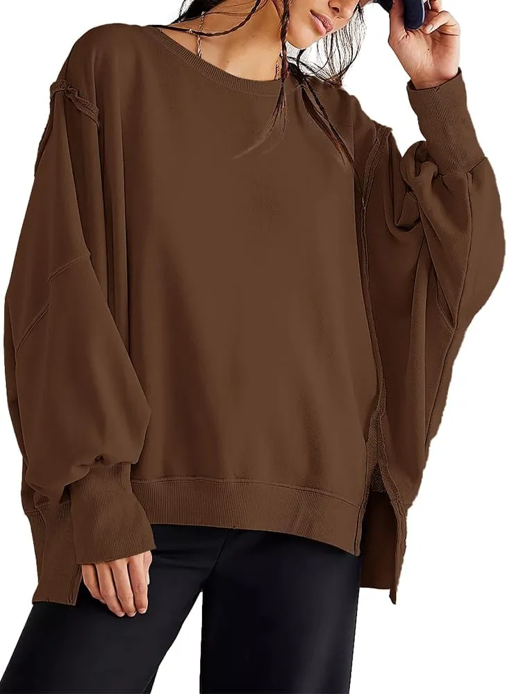 Beaully Women's Oversized Sweatshirts Crew Neck Long Sleeve Side Slit Pullovers Sweatshirt Casual Fall Clothes Sweater