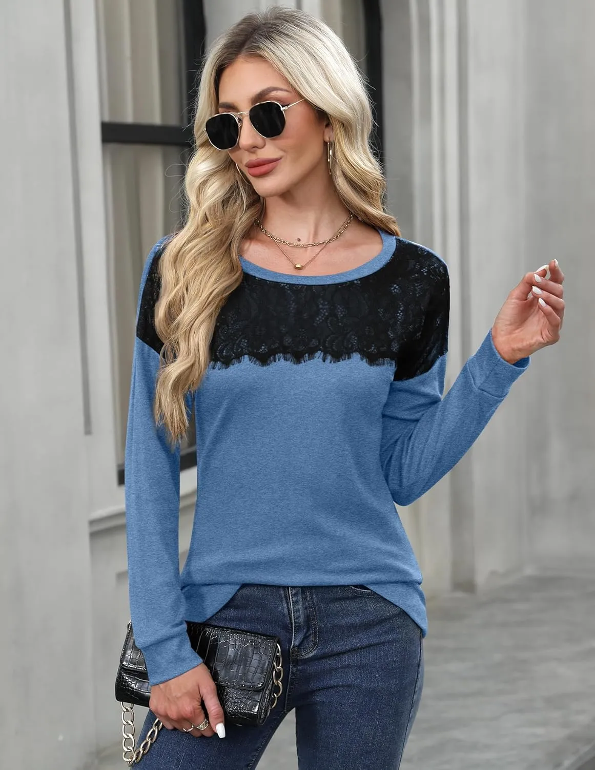 For G and PL Women's 2024 Fall Winter Long Sleeve Crewneck Lace Top Shirt Dressy Casual Elegant Sweatshirt