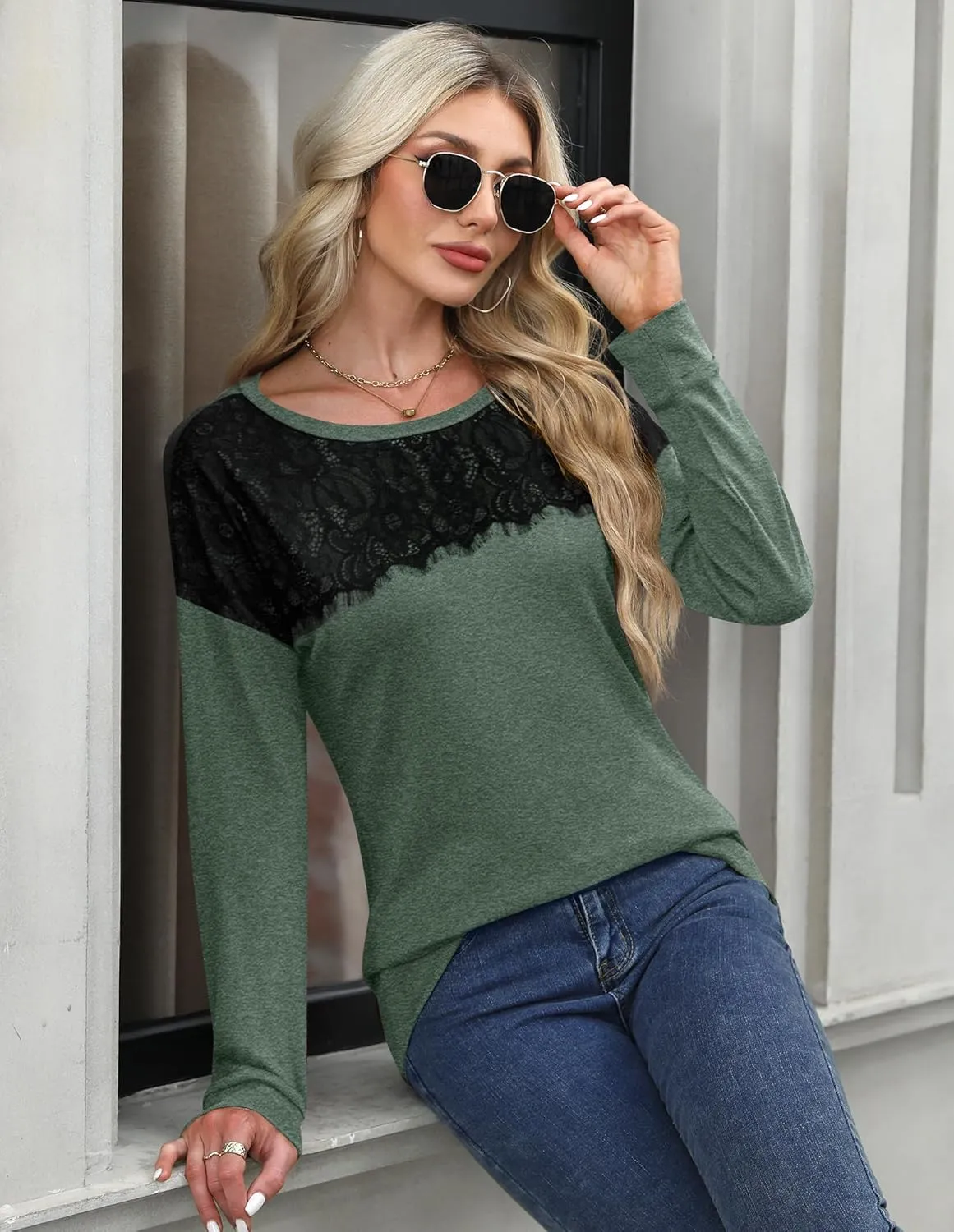 For G and PL Women's 2024 Fall Winter Long Sleeve Crewneck Lace Top Shirt Dressy Casual Elegant Sweatshirt