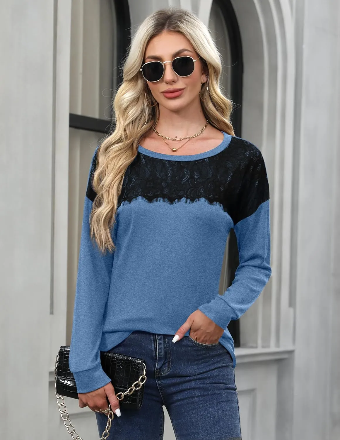 For G and PL Women's 2024 Fall Winter Long Sleeve Crewneck Lace Top Shirt Dressy Casual Elegant Sweatshirt