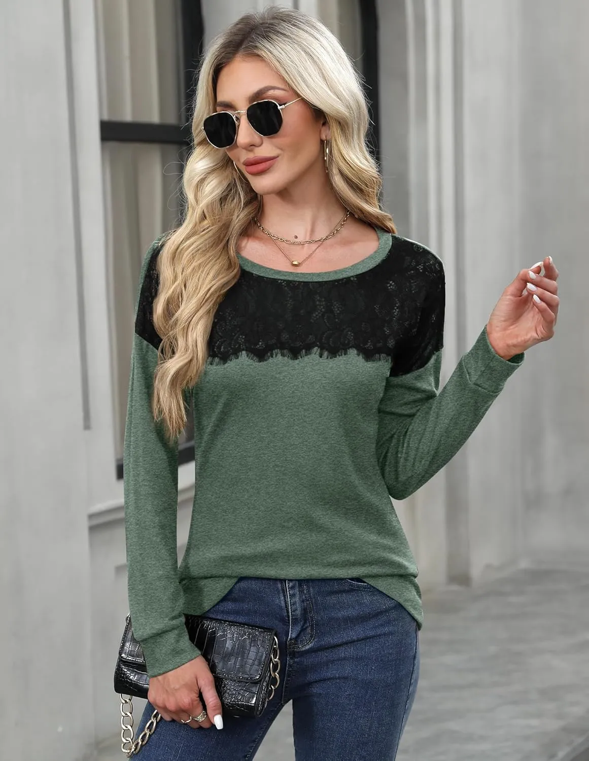 For G and PL Women's 2024 Fall Winter Long Sleeve Crewneck Lace Top Shirt Dressy Casual Elegant Sweatshirt