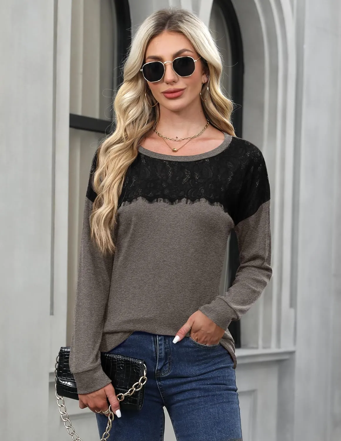 For G and PL Women's 2024 Fall Winter Long Sleeve Crewneck Lace Top Shirt Dressy Casual Elegant Sweatshirt