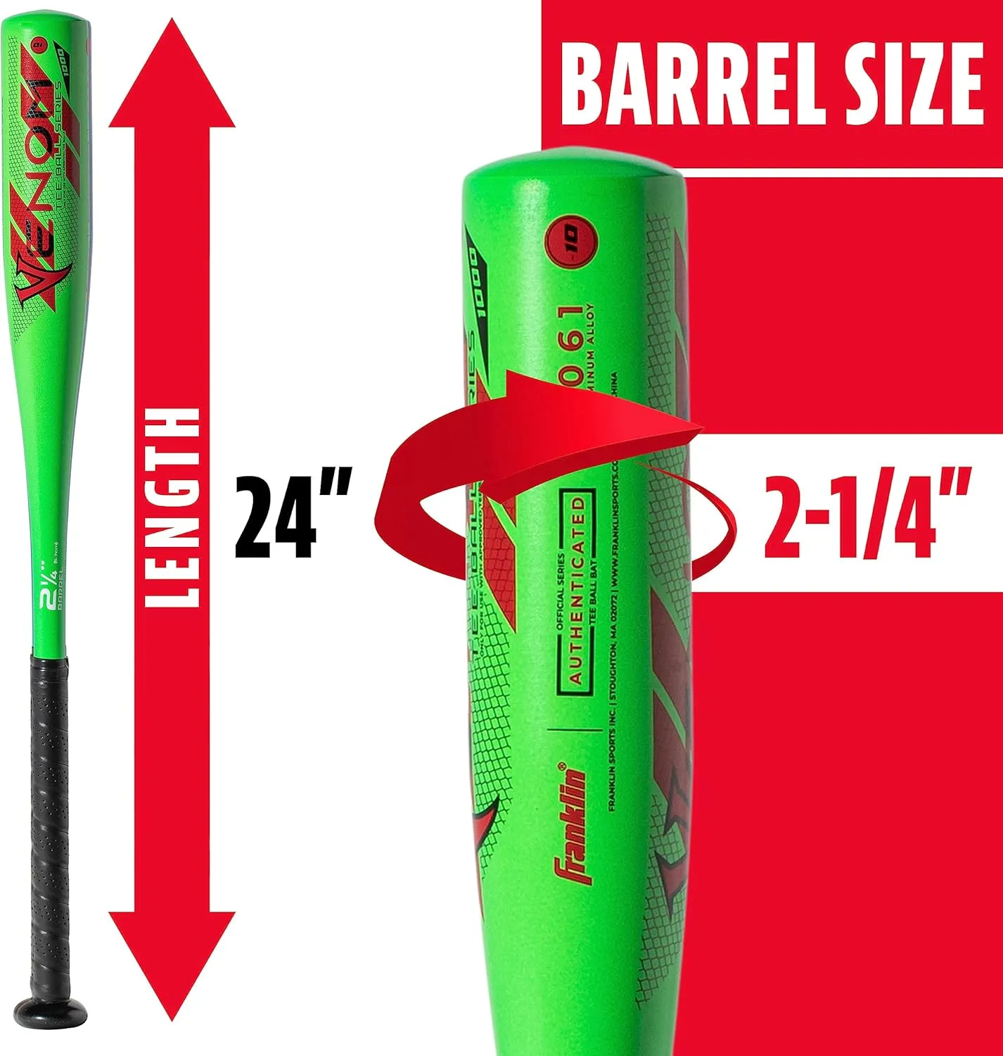 Franklin Sports Kids Teeball Bat - Venom   Barracuda Aluminum   Composite - USA Baseball Certified for Boys   Girls - Youth Metal Bat - Drop -10 to -13
