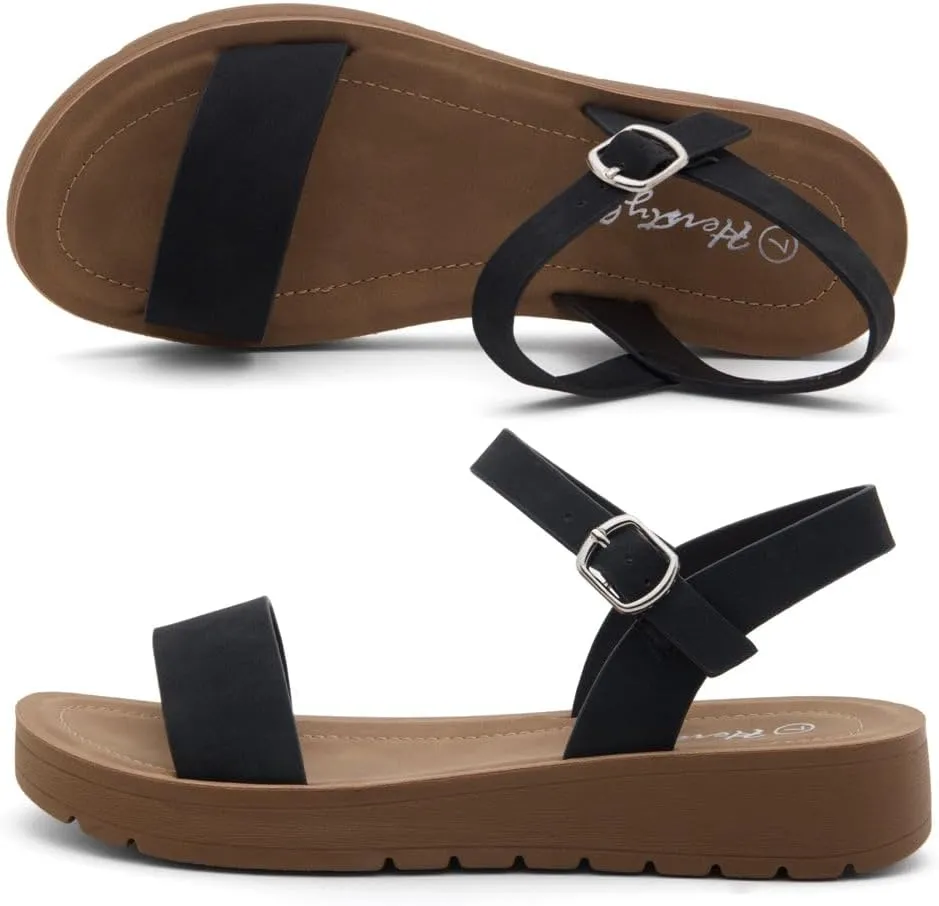 Herstyle Womens Flat Sandals  One Band Ankle Strap Dressy Casual Sandals with Cushioned Footbed | Comfortable Open Toe Walking Shoes for Summer & Daily Wear