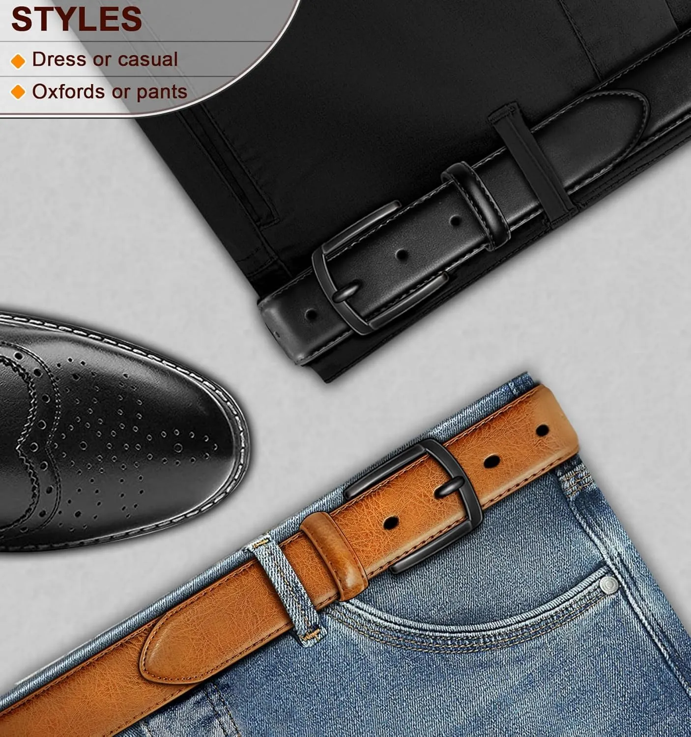 KEMISANT Men Belt 2Pack  Genuine Leather Belt for Men Dress Casual Golf Jeans 1 3/8"