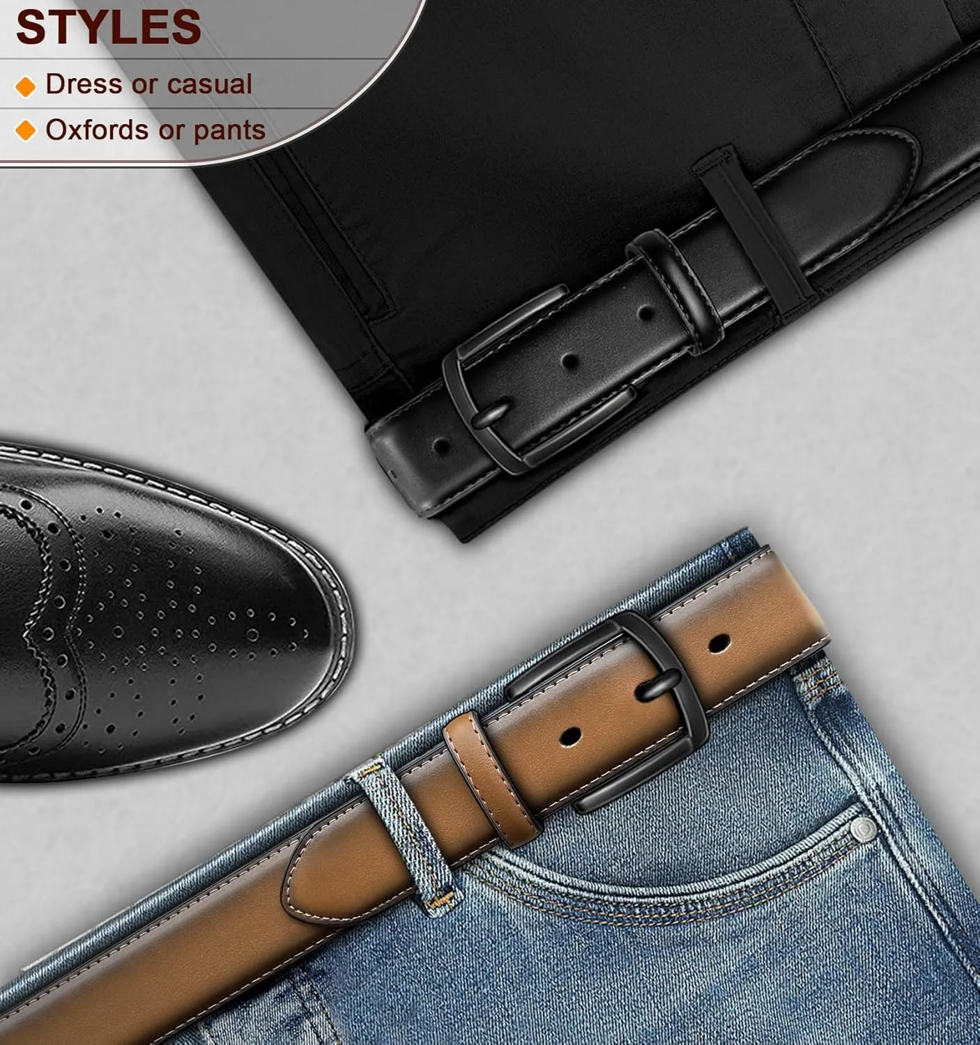 KEMISANT Men Belt 2Pack  Genuine Leather Belt for Men Dress Casual Golf Jeans 1 3/8"