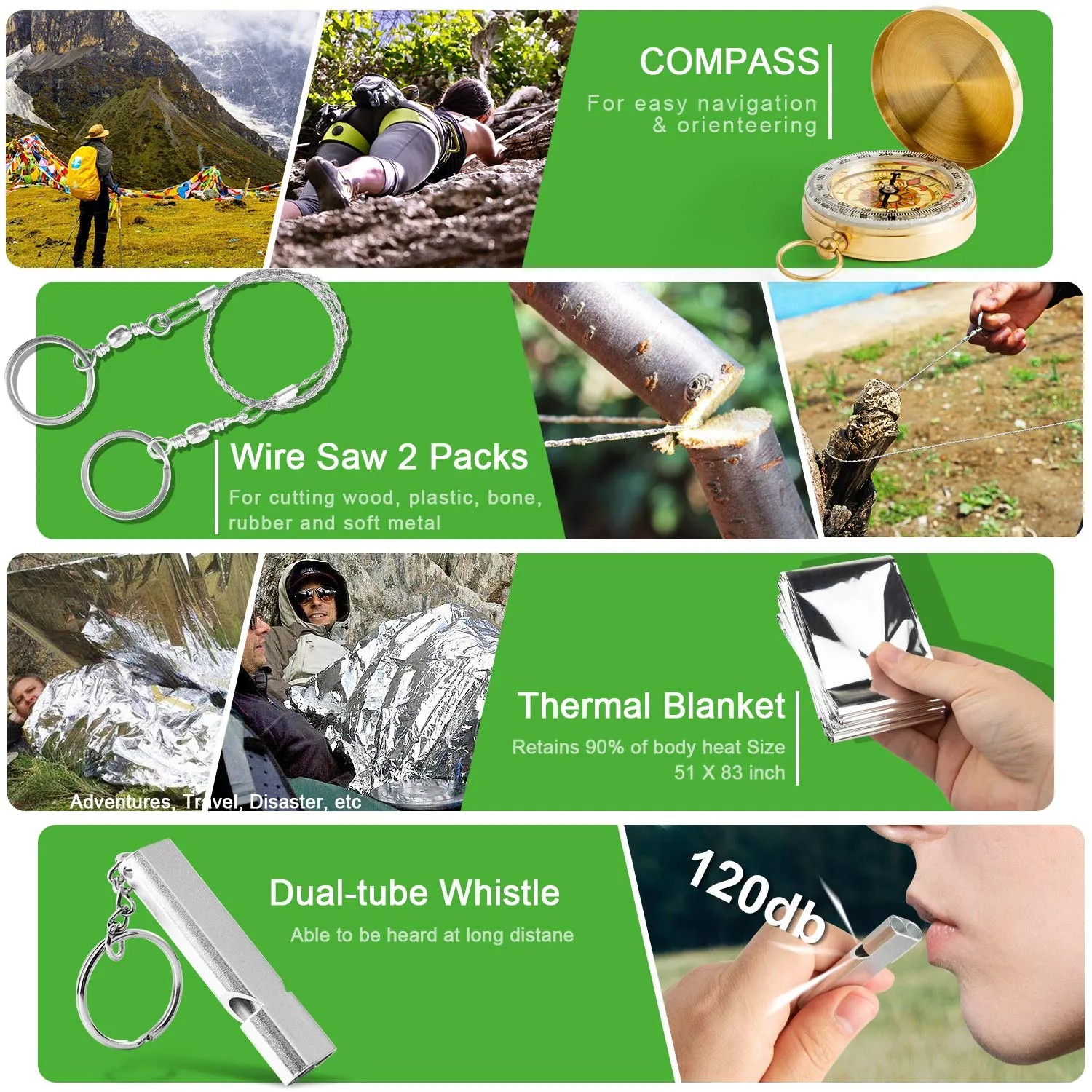 KOSIN Survival Gear, 18 in 1 Emergency Survival Kit, Professional Tactical Defense Equitment Tool with Knife Blanket Bracelets Backpack Temperature Compass Fire Starter for Adventure Outdoors Sport