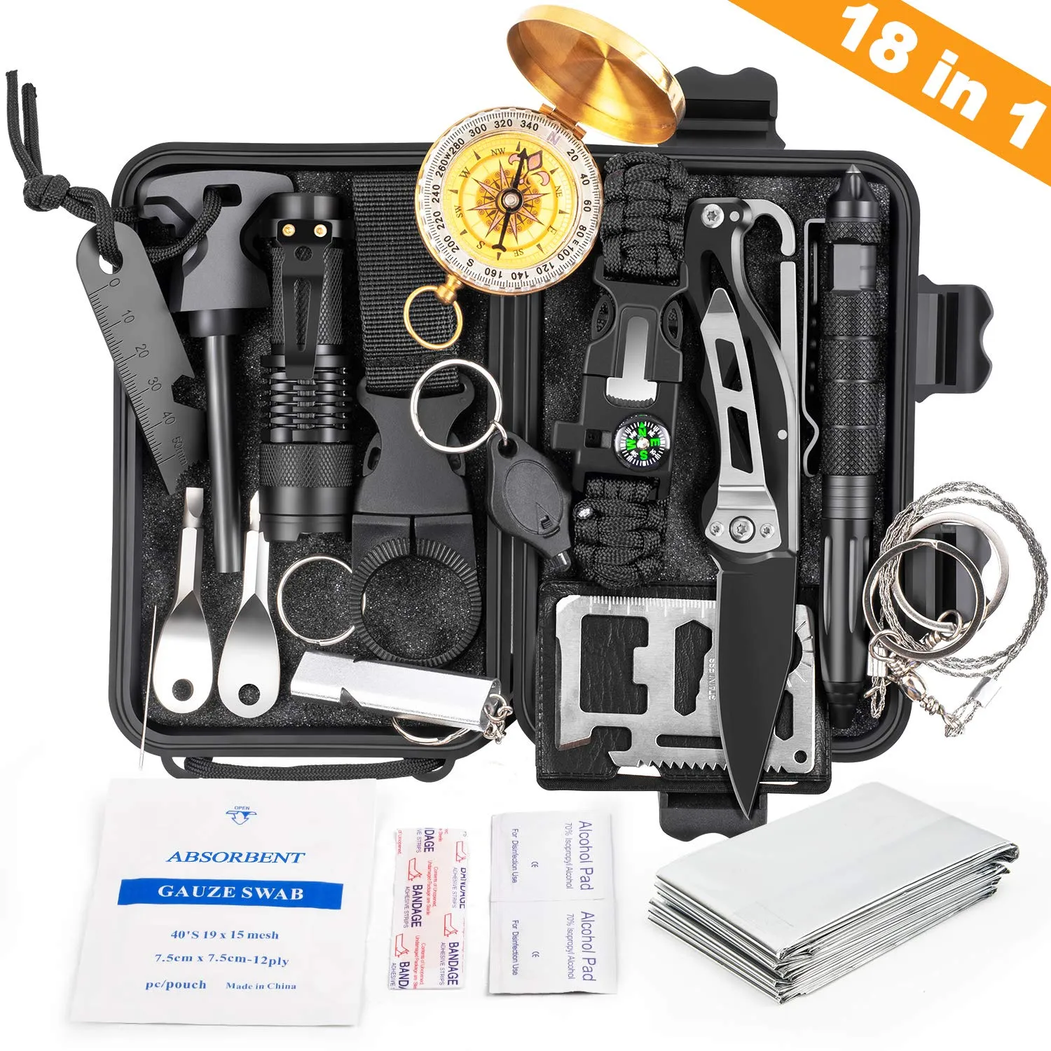 KOSIN Survival Gear, 18 in 1 Emergency Survival Kit, Professional Tactical Defense Equitment Tool with Knife Blanket Bracelets Backpack Temperature Compass Fire Starter for Adventure Outdoors Sport
