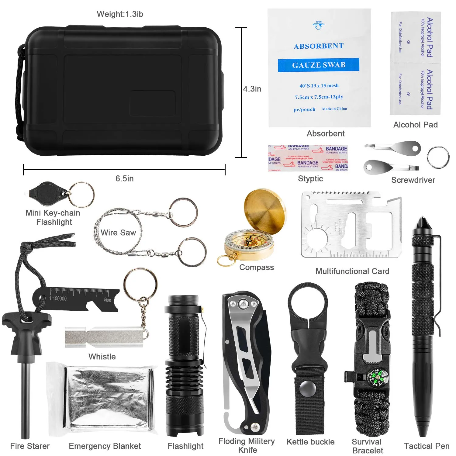 KOSIN Survival Gear, 18 in 1 Emergency Survival Kit, Professional Tactical Defense Equitment Tool with Knife Blanket Bracelets Backpack Temperature Compass Fire Starter for Adventure Outdoors Sport