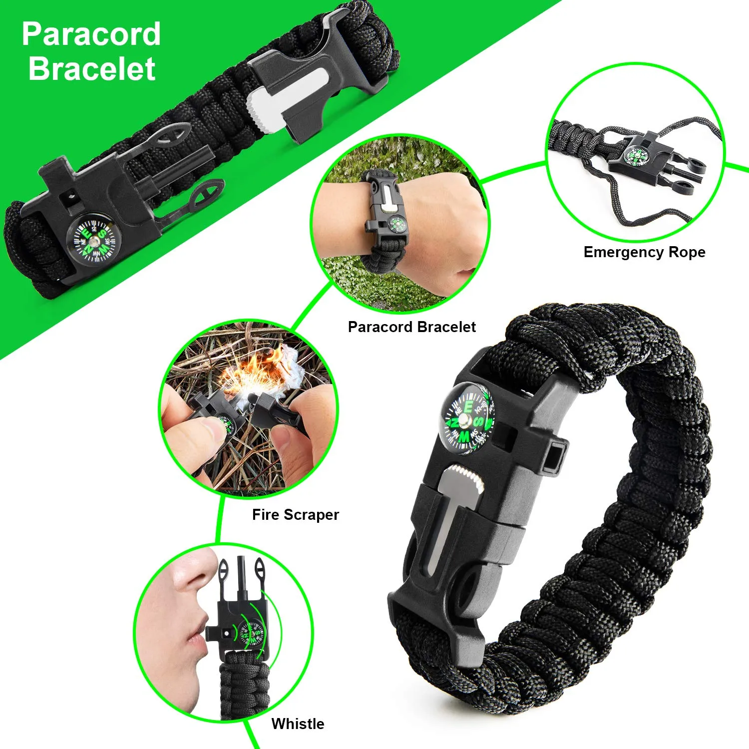 KOSIN Survival Gear, 18 in 1 Emergency Survival Kit, Professional Tactical Defense Equitment Tool with Knife Blanket Bracelets Backpack Temperature Compass Fire Starter for Adventure Outdoors Sport