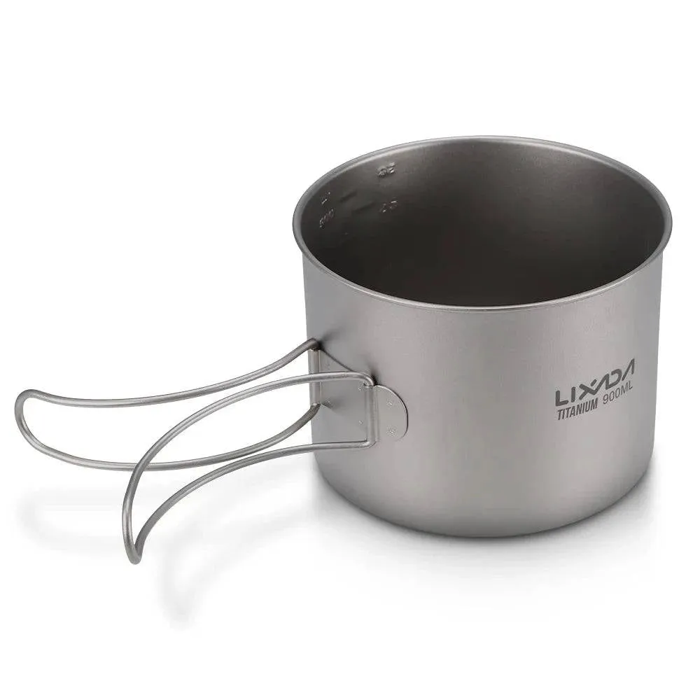 Lixada Ultralight Titanium Camping Pot Pan Cook Set Outdoor Camping Cookware Set 900ml Pot and 350ml Fry Pan with Folding Handle