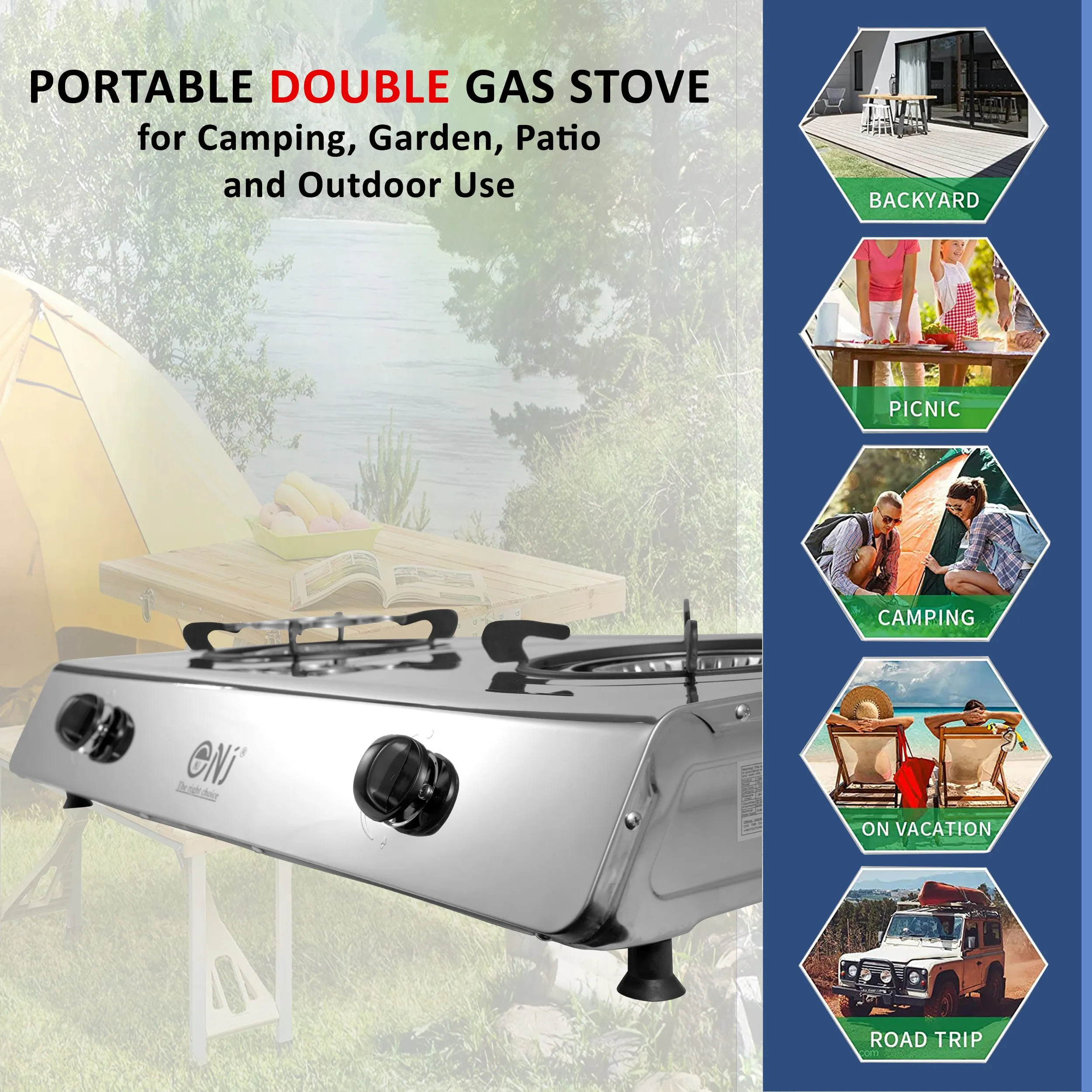 NJ-200 Gas Stove 2 Burner Stainless Steel 70cm Piezo Outdoor use
