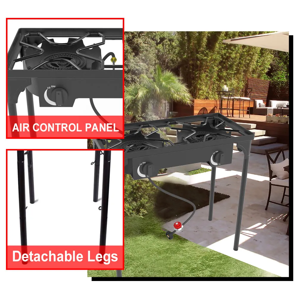 Outdoor & Indoor Portable Propane Stove, Double Burners with Gas Premium Hose (DB02-Large,2 Burners)