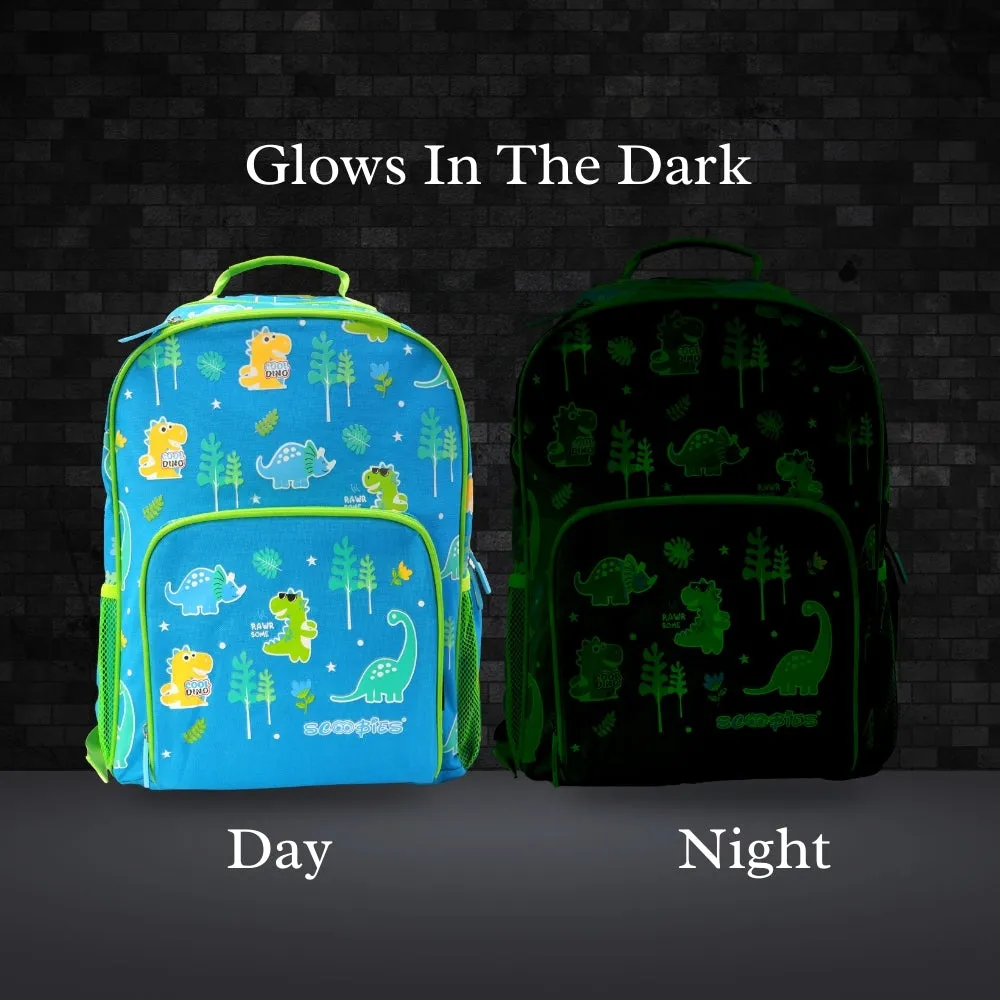 Scoobies Glow-in-the-Dark Dino Backpack | Spacious & Organized | Comfortable & Durable | Water-Resistant | Dual Bottle Holders