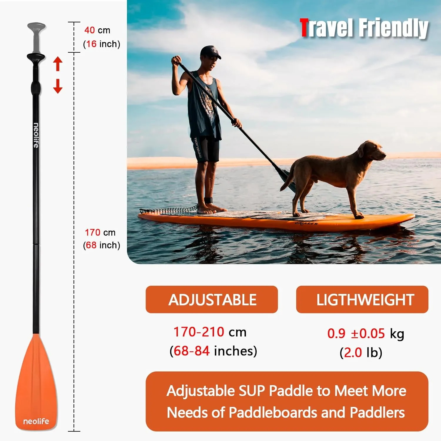 SUP Paddleboard Paddle with Aluminum Shaft and Nylon Blade, Lightweight Stand Up Paddle Board Oars, Adjustable170-210 cm/68-84 inch