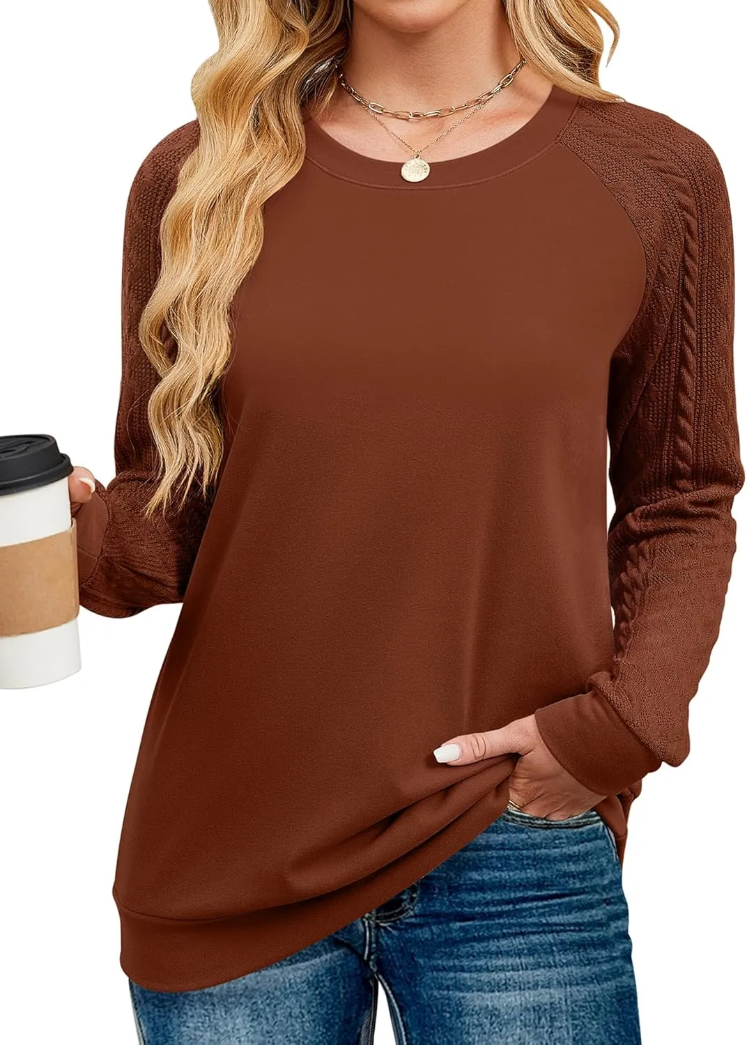 Sweatshirts for Women Crewneck Cable Knit Long Sleeve Sweaters Lightweight Loose Tops 2025
