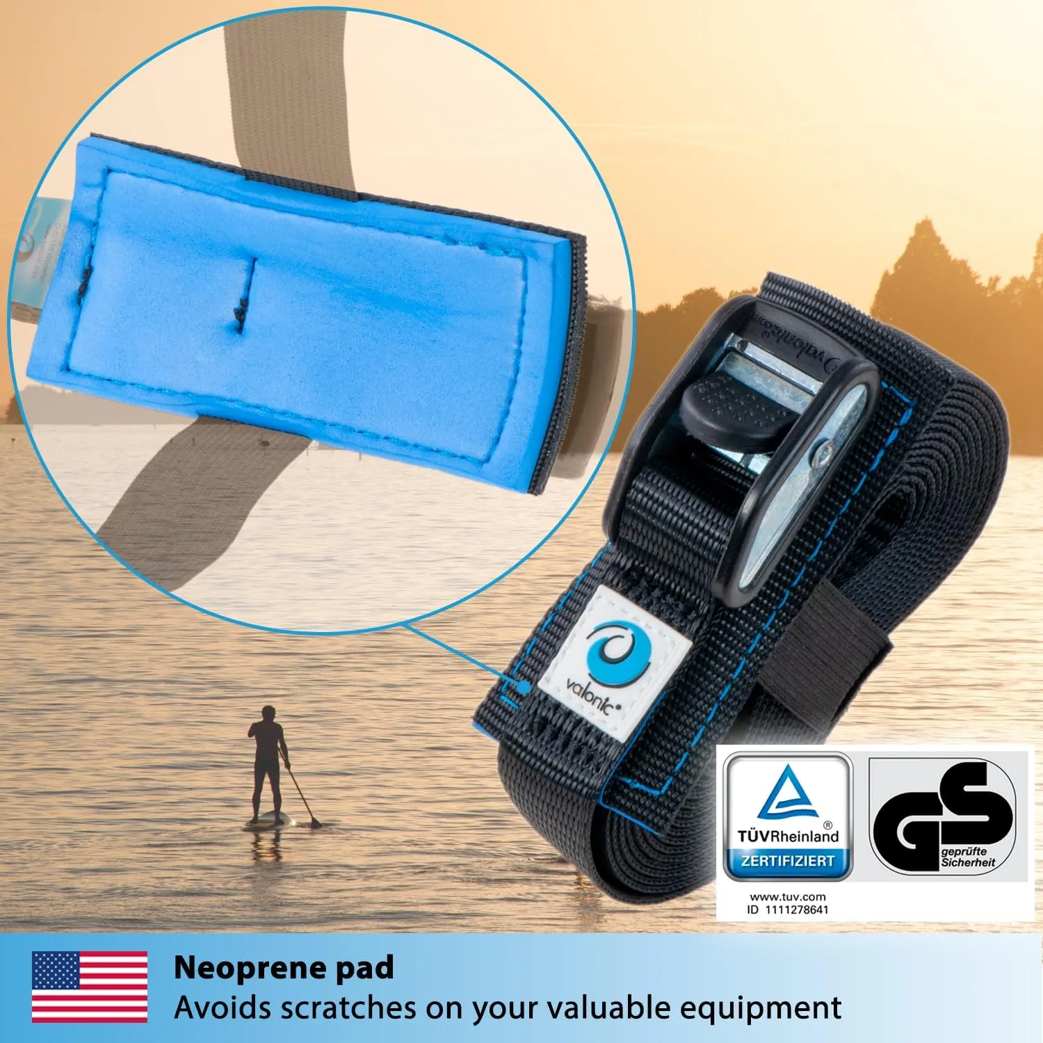 valonic Dolphin - tie Down Straps - 2 Pack, 20 ft x 1 inch, 2200 lbs, Protection pad, cam Buckle - for roof Rack, Surfboard, Kayak and Paddle Board, Black