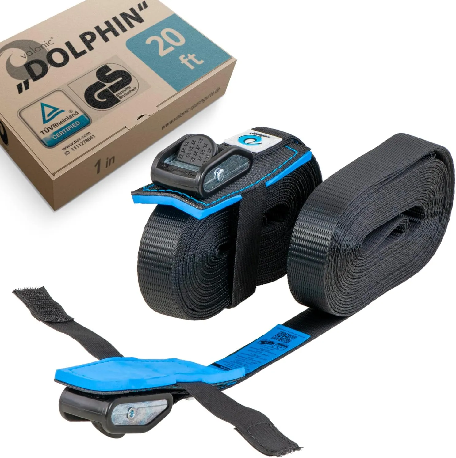 valonic Dolphin - tie Down Straps - 2 Pack, 20 ft x 1 inch, 2200 lbs, Protection pad, cam Buckle - for roof Rack, Surfboard, Kayak and Paddle Board, Black