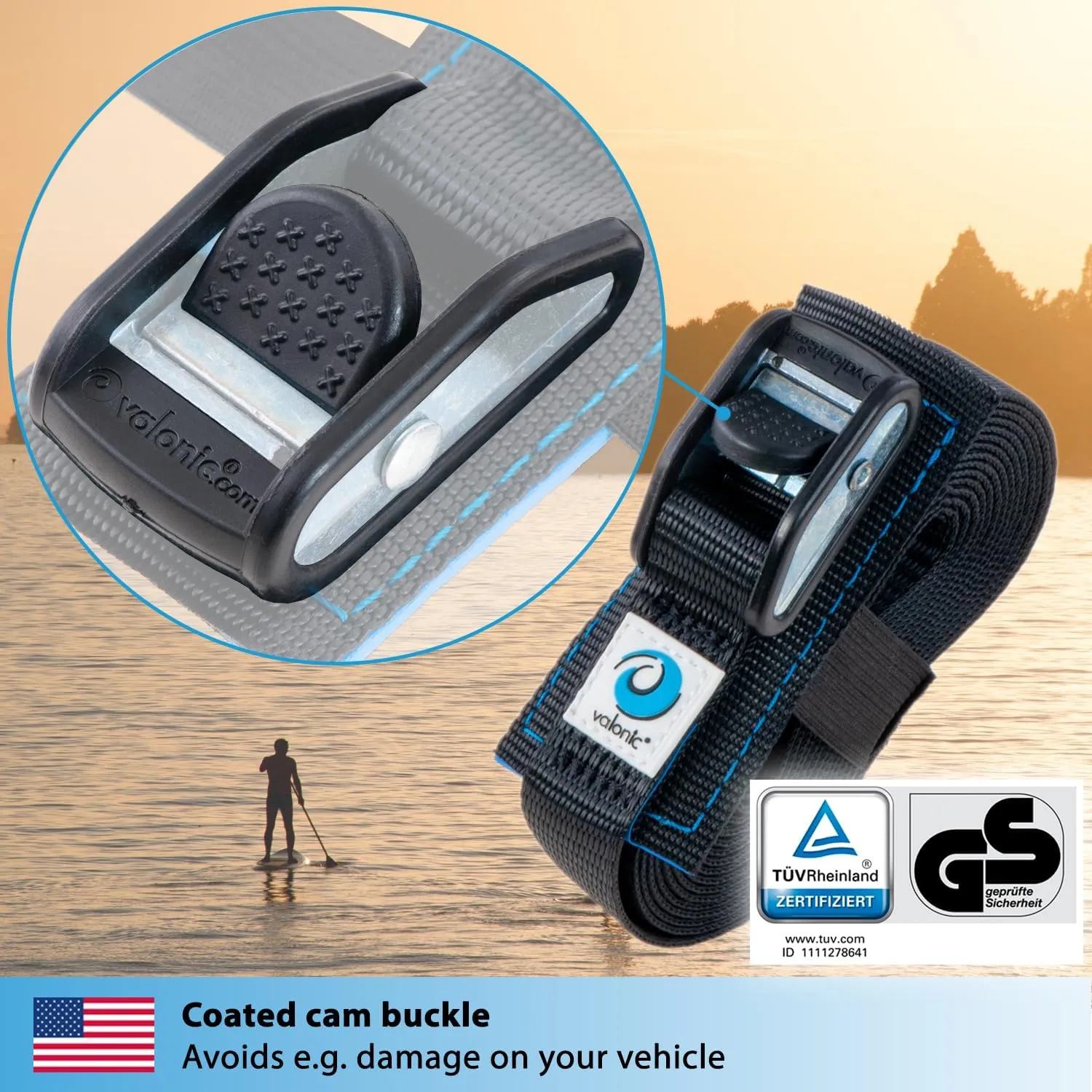 valonic Dolphin - tie Down Straps - 2 Pack, 20 ft x 1 inch, 2200 lbs, Protection pad, cam Buckle - for roof Rack, Surfboard, Kayak and Paddle Board, Black